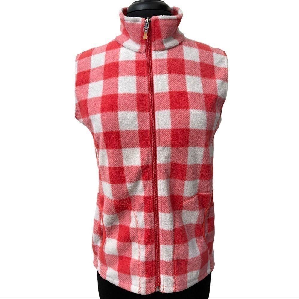 Woolrich Red White Buffalo Plaid Fleece Zip Front Vest Size M